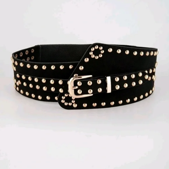 Black vegan faux suede corset gold studs punk wide boho waist belt - Picture 10 of 14